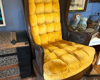 1960’s Wing Back Caned Side Tufted Harvest Hold Upholstered Chair $225