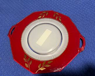 1930’s Red & Frosted Two Handled Octagon Serving Plate $27