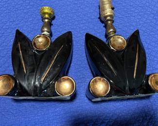 MCM Meets Deco Meets Tiki Black & Gold Bedroom Lamps 6” sq base $129 pair (need rewiring)