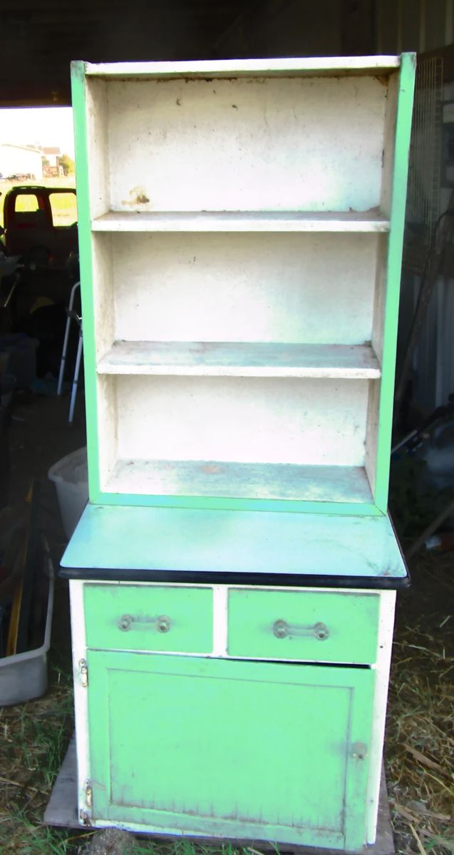Barn find, two pc kitchen cabinet, top has been added, bottom is original, however does need veneer work, Porcelain top.