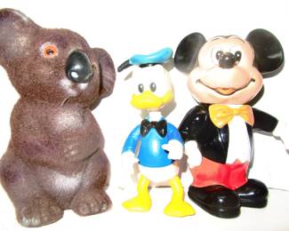 Mickey Mouse plastic bank, Velveteen Bear bank, both banks are about 6 inches tall. Donald Duck plastic toy.