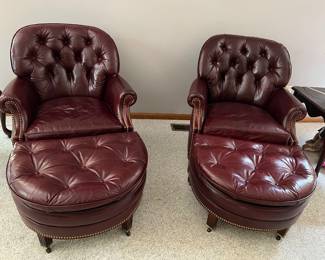 Hancock and Moore Genuine Leather Club Chairs + Ottomans - Retail $7800!