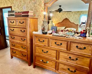 solid pine tall chest and solid pine double dresser (smaller footprint than the other two triples we have!), with iron pulls.