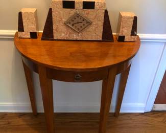 Art Deco clock garniture set (clock as is), on fine Demi-lune table 