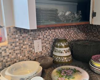 Vintage dishes. Pyrex Spring Blossoms bowls and very rare and hard to find Atomic Eyes Dip Bowl. 