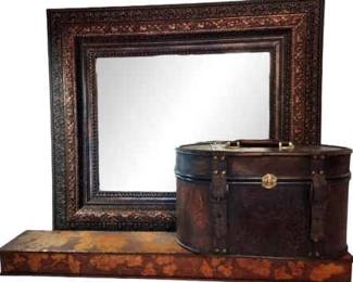 Large Beveled Glass Mirror, Pyrography Art Box, Brown Case