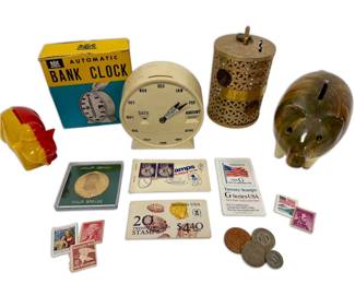 Vintage Automatic Bank Clock, Two Piggy Banks, Stamps, Coins
