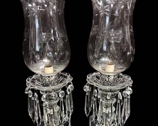 Pair Of Antique Vintage Etched Glass Hurricane Lamps
