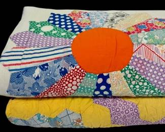 Two Vintage Purple Yellow Hand Sewn Quilts