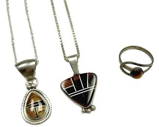 Sterling Silver Navajo Pendant Necklaces One by A. Lewis Tigers Eye Ring
