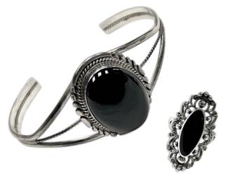 Sterling and Black Onyx Art Deco Marcasite Ring Cuff Bracelet