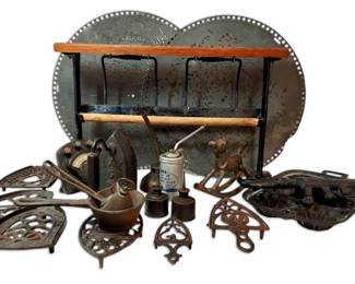 Antique Cast Iron Trivets, Paper Cutter, More