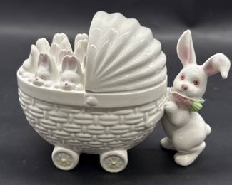Fitz &Floyd Bunny w/ Bunnies Stroller Trinket Box