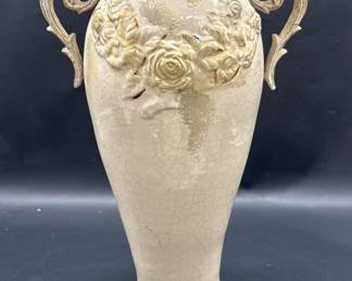 Double Handled Ceramic 17.5in Vase w/ 3D Flowers