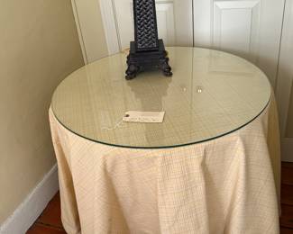 Round table for sale
Comes with glass , tablecloth and wood frame base.  $35.00
29” across, 26 tall