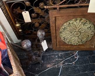 Andirons 2 pair 
Fireplace metal screens 36” across. 22” tall
Fireplace metal screens 22” across  26 “ tall