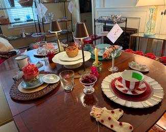 Another photo showing suggestions of what is for sale
Table is also for sale, has 2 extending
wings, table is shown with them open
Table needs some refinishing $80.00
The brown rechargeable lamps are not for sale