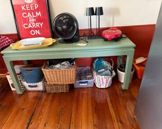Table  is 5 ft long, 18” deep & 22” tall
Decorated finish.  $ 