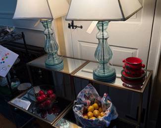 2 sea glass colored lamps $45.00 each
2 mirrored night tables or end tables with 2 levels of space
$65.00 from Pottery Barn