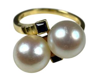 14kt Yellow Gold Pearl and Sapphire Bypass Ring