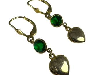 14kt Yellow Gold Green Stone and Heart Dangle Earrings