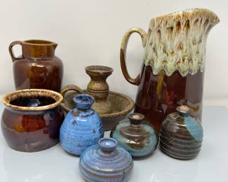 Two Drip Glaze Stoneware Pitchers, Rustic Candle stick & 4 Clay oil pots