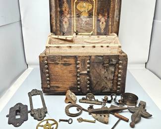 - VERY OLD Small Storage Trunk Coupled with Assorted Antique Hardware - "ROSE" Studded on the Side of Trunk