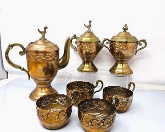 Vintage Copper Tea Set- Middle Eastern Set w/ Embossed Design Includes Teapot, Sugar and Creamer, Plus Four Cups