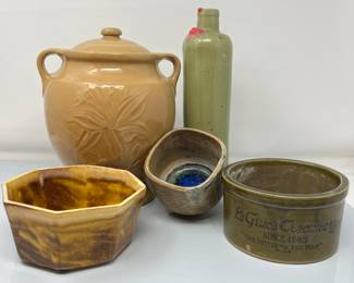 Le Grue's Creamery Stoneware Crock, Melted Marble Small Crock, J.R. Ream Bottle & Embossed Ginger Jar