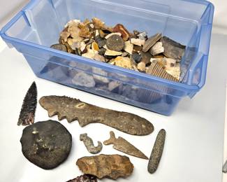 Native American lithic and archaeological artifacts plus a container of Tools, Arrowheads, and pottery fragments