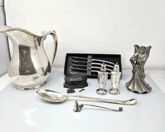 Assorted Silver Plate, Pewter and Knife Set, Salt & Pepper, Plus Angle Candle Holder