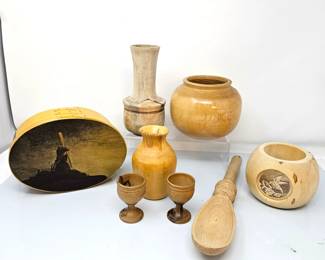Assorted Collection of Wood Sculptured Pieces- Vessels, Vases, Candle Holder, Mini Goblets and More