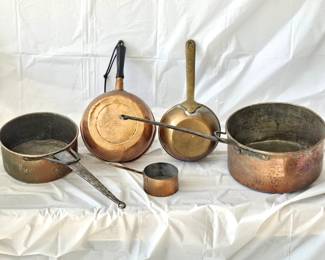 Vintage Copper and Brass Cookware Set- Five Various Pot and Pans in different sizes and designs