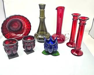 Vintage Colored Art Glass- Candle Sticks, Vases, Avon Ruby Red Bowl, Goblets, Blue Tulip Candle Holder