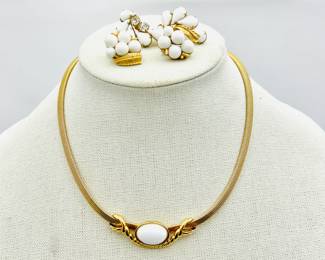 - Vintage Monet Gold Tone and White Enamel Necklace and Two Clip Earring Set