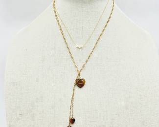 Pair of Vintage Gold Necklaces- 14k Cultured Pearl (Unused) & Gold Plated Lariat w/ Heart Shaped Tigers Eye Stones