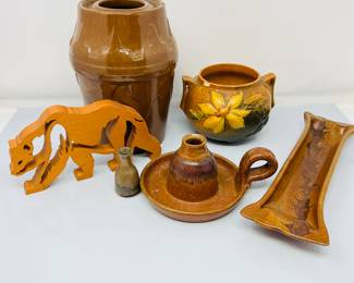 Antique Molded Redware Wax Sealer Crock Brown Glaze, Roseville Clematis Pottery, Serving Tray, Chamberstick…