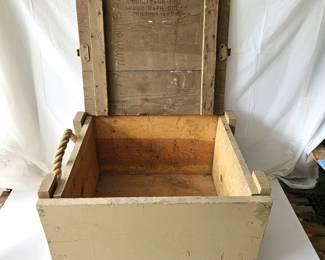 Vintage Military Wooden Ammo Crate - Solid Cannon Projectile Ammunition Box- w/ Rope Handles
