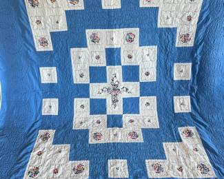 Hand-Stitched Vintage Classic Cottage Quilt with Delicate Floral Embroidery 72" x 82" -Well Loved Piece