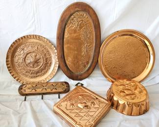Vintage Copper Lot- Embossed Trays, Platters, Wall Hook, and Decorative Kitchenware w/ floral motifs