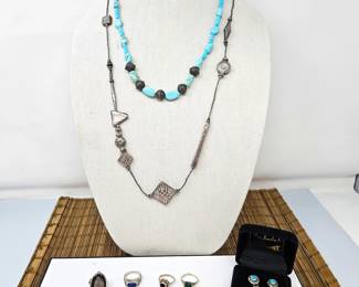 Native American Turquoise Necklace and Earrings Plus Sterling Rings - Including a Poison Ring