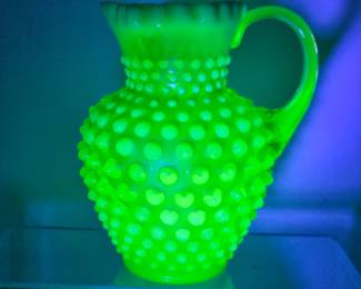 Vintage Uranium Glass Fenton Hobnail Syrup Pitcher -Crimped Spout - Topaz Opalescent Color