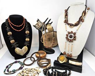 Large Lot of Assorted Wood, Brass, Beaded and Mother-of-Pearl Jewelry