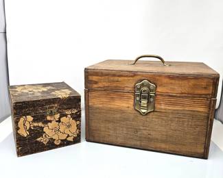 Antique Flemish Art Pyrography wooden box- Plus a Wooden Treasures Chest Box with Handle and Hinged Top