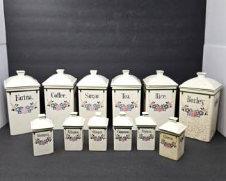 Large 12pc. German Collection of Vintage Ceramic Canisters and Spice Jars in White with Floral Pattern