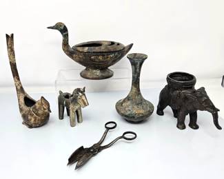 A Great Lot of Antique Patinaed Brass - Vase, Bird, Duck, Elephant & Donkey, Plus 1800's Candle Wick Scissors