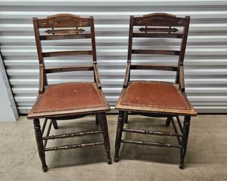 - Set of Two Antique Wood Chairs with Leather Seats - Originally Rattan Rush Seats Re-Done