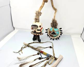 Lot #5 - Native American Ceremonial Smoke Pipe Plus Two Hopi Kachina Rattles