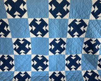 Antique Queen Cross Quilt, Hand-Stitched Construction in Blue and White 76” x 66”
