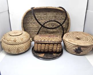 Lot of Assorted Unique Baskets Including Large Leather Handled Woven Market Basket